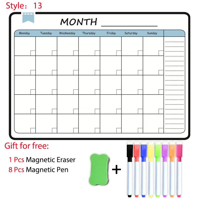 A3 magnetic dry erase planner with a monthly calendar grid and included magnetic eraser and pen set