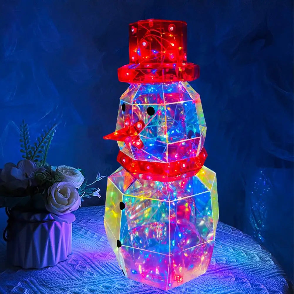 A colorful prismatic LED snowman decoration with glowing lights set against a dark blue background.