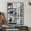 A framed poster featuring black and white anime style artwork of Chainsaw Man characters.