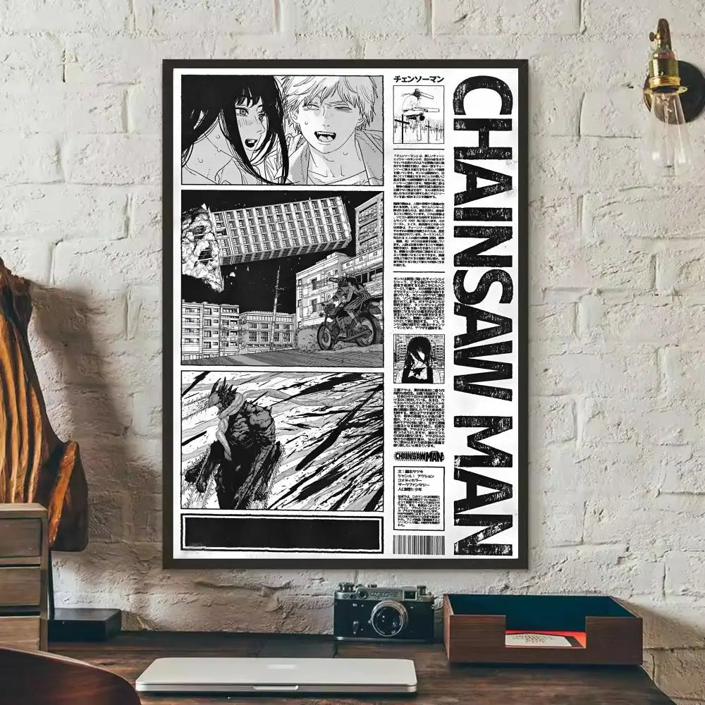A framed poster featuring black and white anime style artwork of Chainsaw Man characters.
