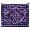 A dark purple and black bohemian mandala tapestry wall hanging featuring intricate star and crescent moon designs.