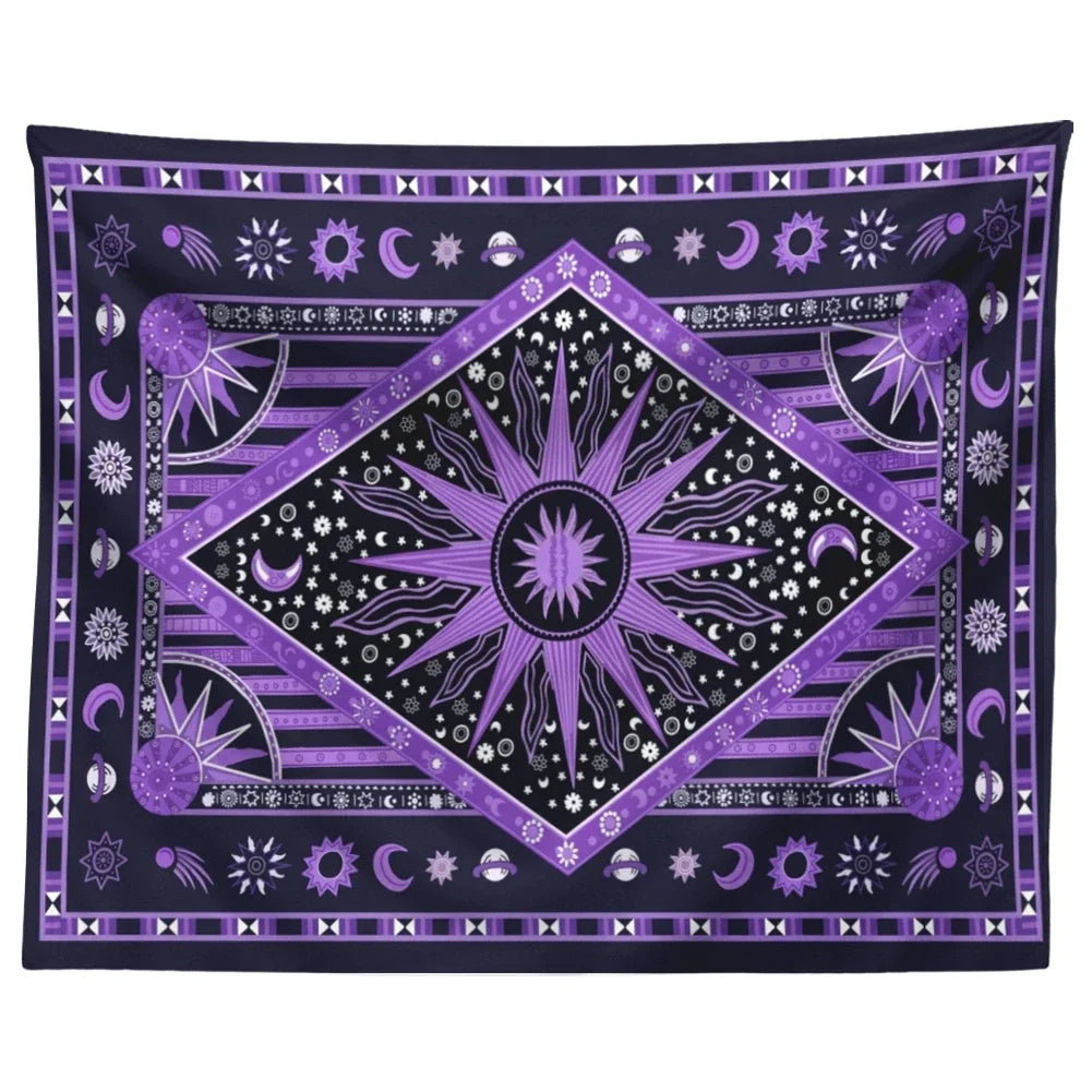 A dark purple and black bohemian mandala tapestry wall hanging featuring intricate star and crescent moon designs.