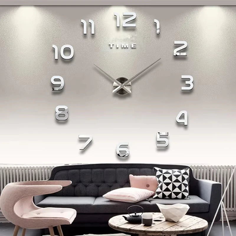A giant acrylic wall clock displaying the time, set above a modern sofa and table.