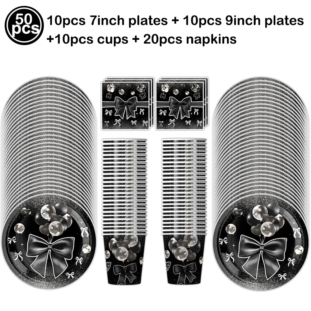 A set of disposable party tableware including 10 plates, 10 cups, and napkins with decorative bows.
