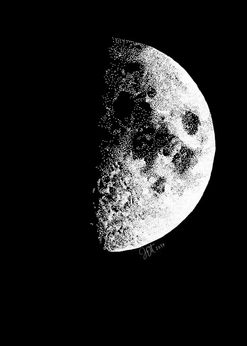 A minimalist black and white print of a bright, textured moon phase against a dark background.