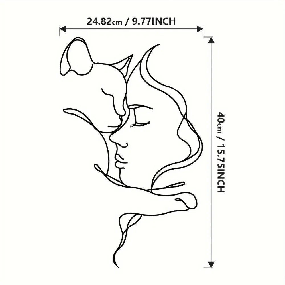 Line art drawing of a woman and a cat, showing the dimensions 24.82cm / 9.77inch.