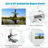 A four-step guide showing how to DIY sublimation magnet blanks, including choosing a picture, printing on paper, and completi