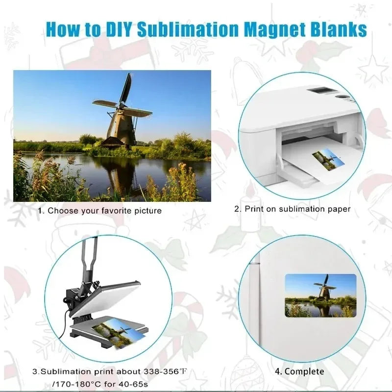 A four-step guide showing how to DIY sublimation magnet blanks, including choosing a picture, printing on paper, and completi