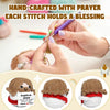 Hands are hand-crafting a crochet doll with a prayer, showing three finished dolls.