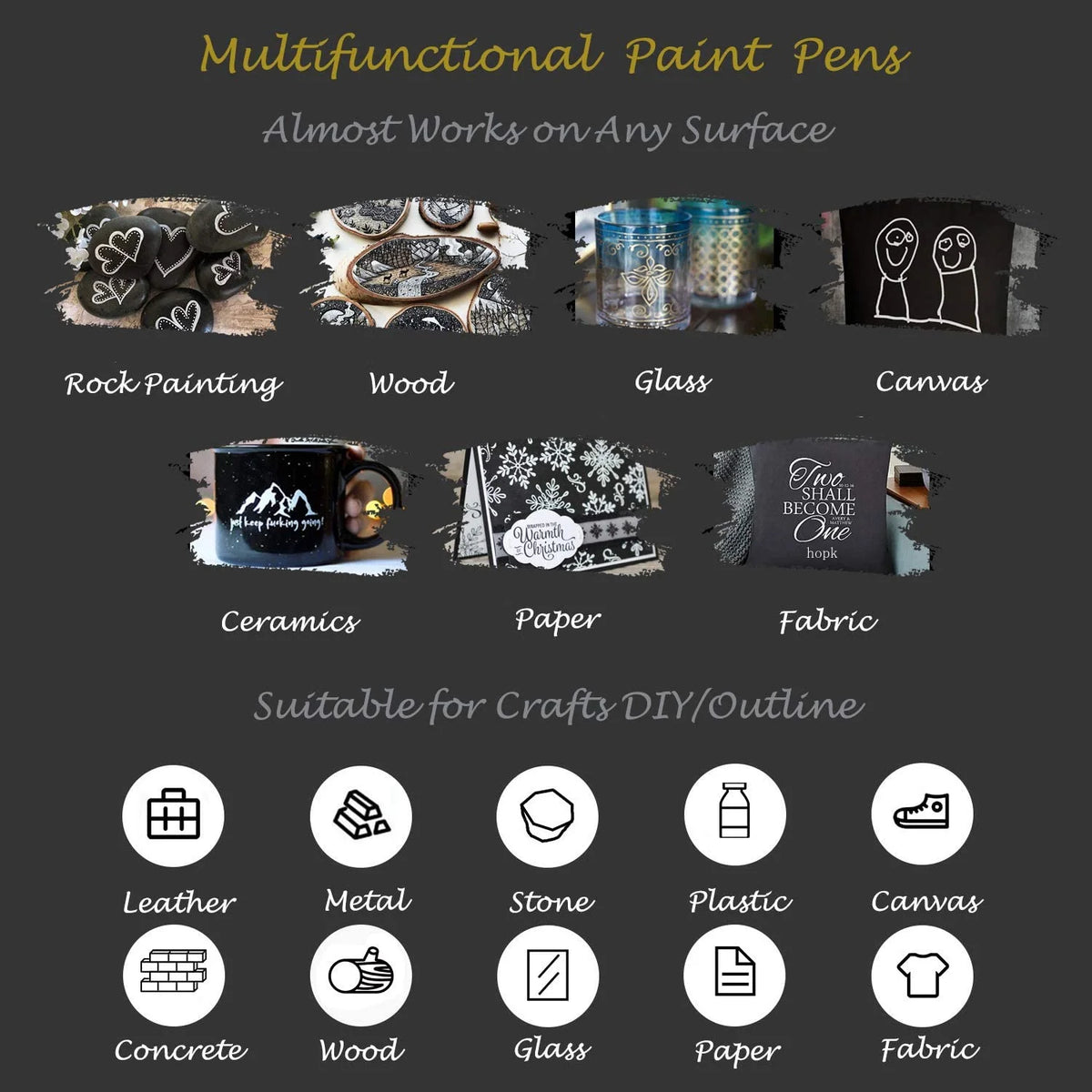 A collection of multifunctional paint pens used for various surfaces including rock painting, wood, glass, canvas, ceramics, 