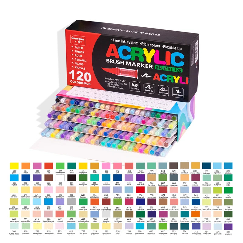 A box of 120 acrylic brush markers in various colors and a full set of paint markers for DIY crafts