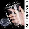 A hand holds a clear plastic cup with a black flat lid, showing the dimensions of the cup and lid.