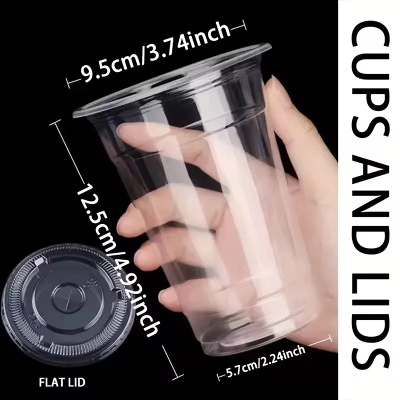 A hand holds a clear plastic cup with a black flat lid, showing the dimensions of the cup and lid.