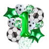 A balloon set featuring a large green number one and various silver and green football-shaped balloons.