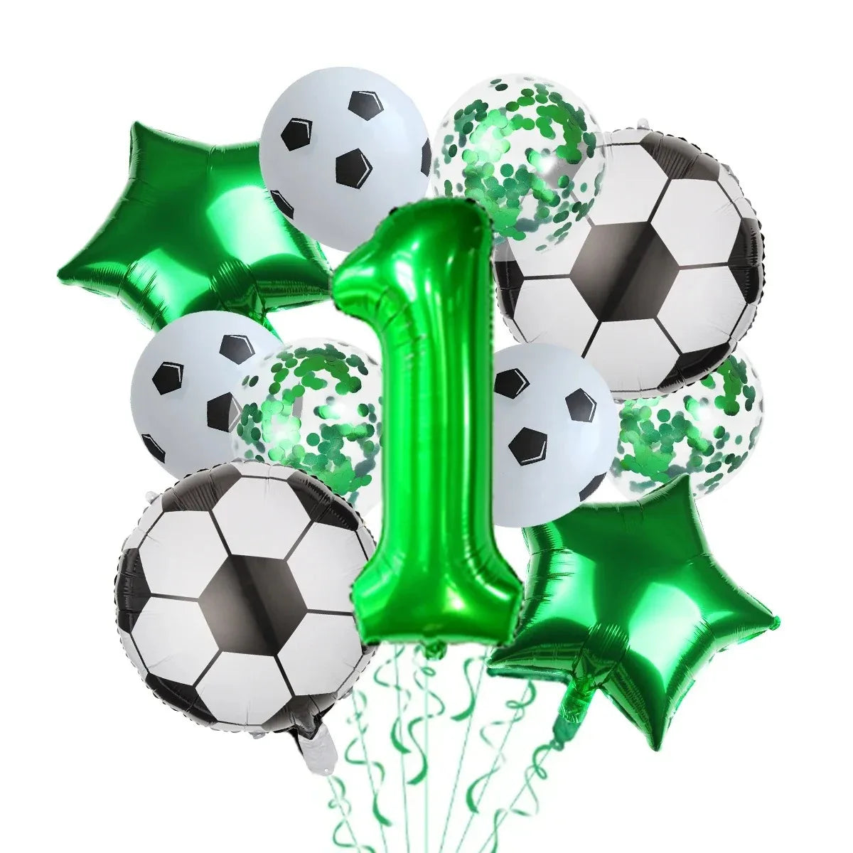 A balloon set featuring a large green number one and various silver and green football-shaped balloons.