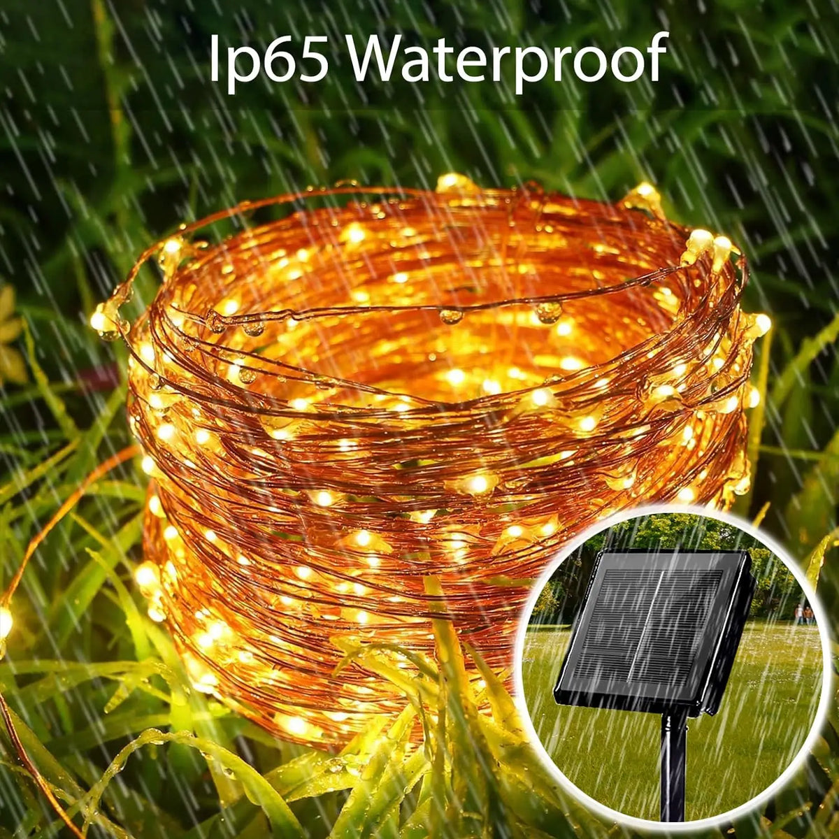 A bundle of warm yellow fairy string lights is shown outdoors in the rain, demonstrating its Ip65 waterproof protection.