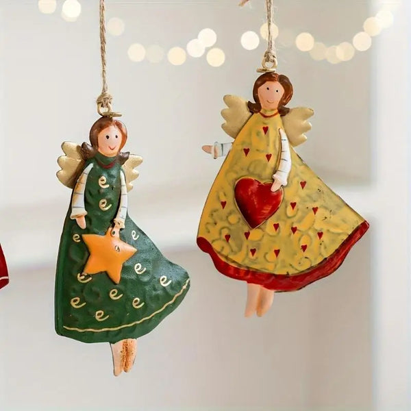 A set of four vintage wood angel Christmas tree ornaments featuring painted faces and wings.