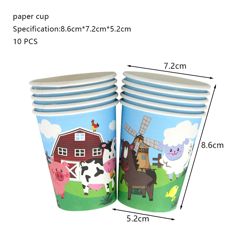 A set of 10 paper cups featuring farm animals like a pig, cow, horse, and sheep for a birthday party decoration kit.