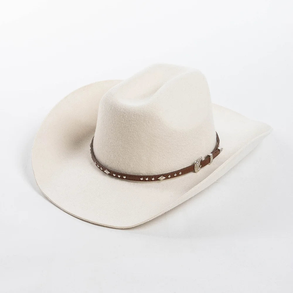 A beige wool cowboy hat with a brown studded leather band.