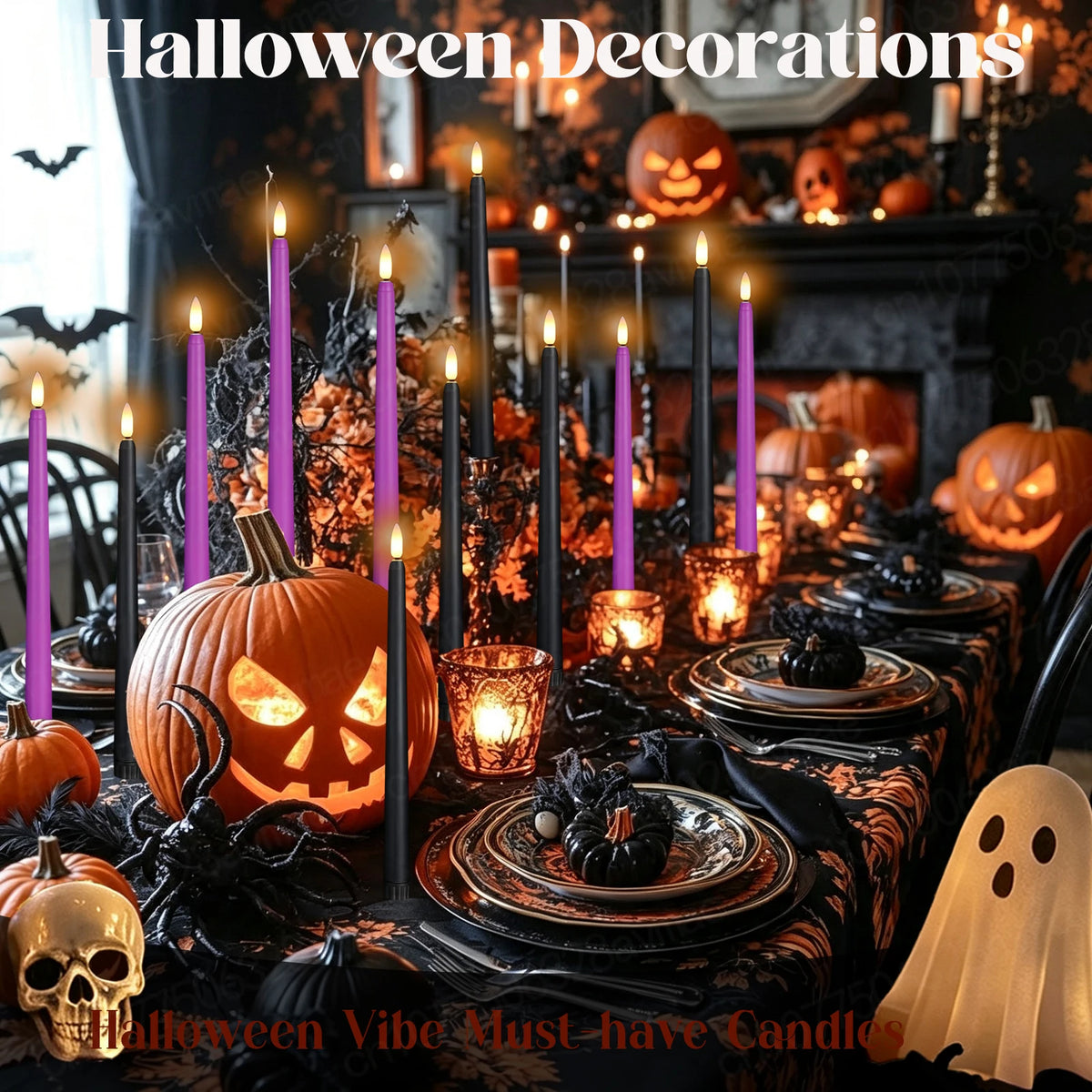 A Halloween decoration display featuring various candles and carved pumpkins on a dark table.