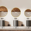 Three round vanity mirrors with wood accents are displayed above a shelf.