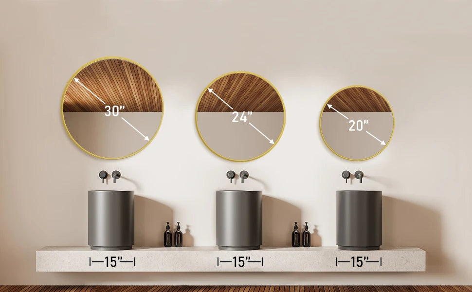 Three round vanity mirrors with wood accents are displayed above a shelf.