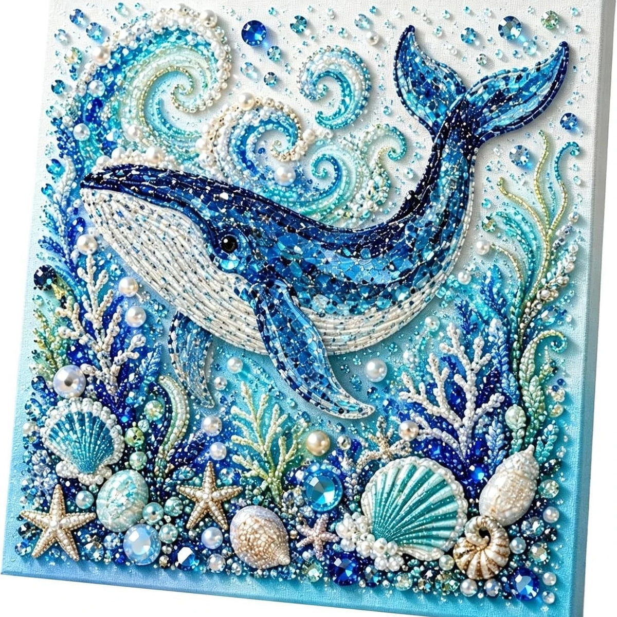 Kit de pintura de diamantes con una ballena azul nadando entre vida marina brillante y plantas acuáticas