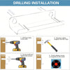 Diagram showing the drilling and installation steps for clear acrylic floating record shelves.