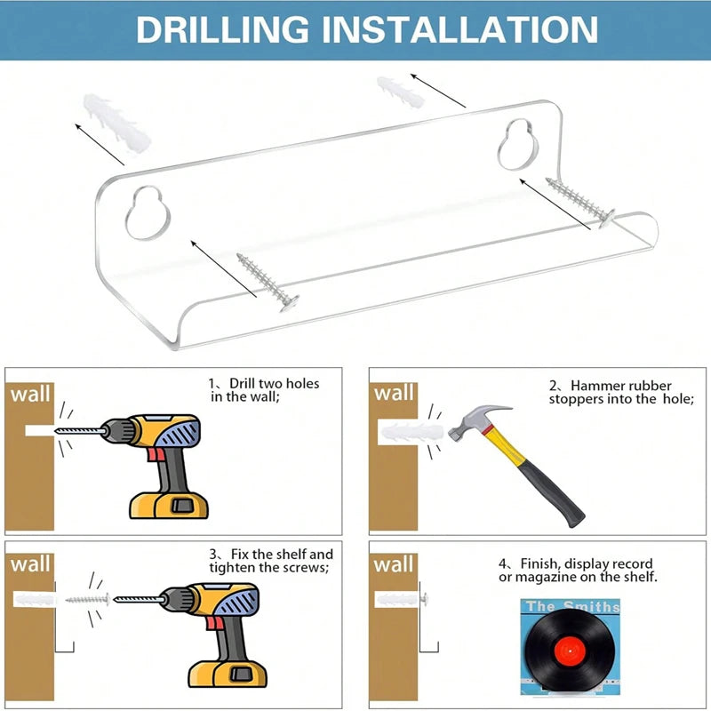 Diagram showing the drilling and installation steps for clear acrylic floating record shelves.