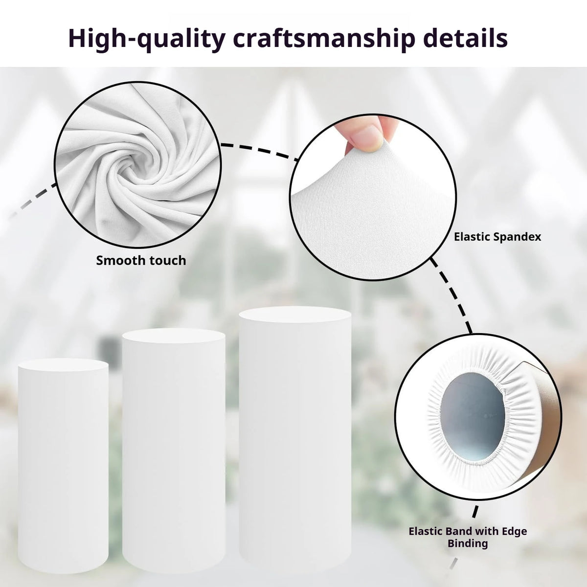 Close-up details of a white elastic band with edge binding and smooth fabric texture for cylinder stand covers