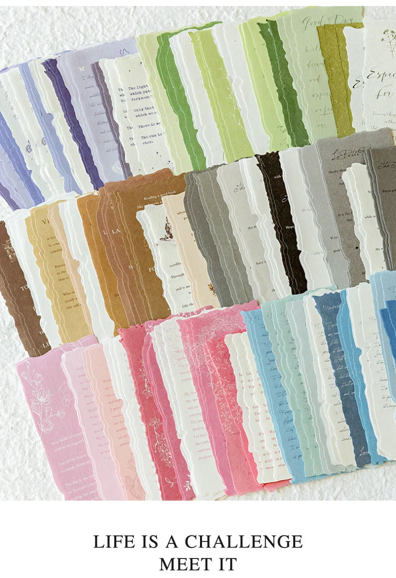 A collection of vintage old English manuscript decor paper sheets in various muted greens, browns, pinks, and blues.