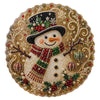 A detailed diamond painting depicting a smiling snowman wearing a festive hat and scarf surrounded by sparkling gold and red 