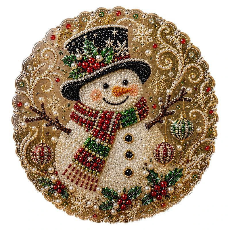 A detailed diamond painting depicting a smiling snowman wearing a festive hat and scarf surrounded by sparkling gold and red 