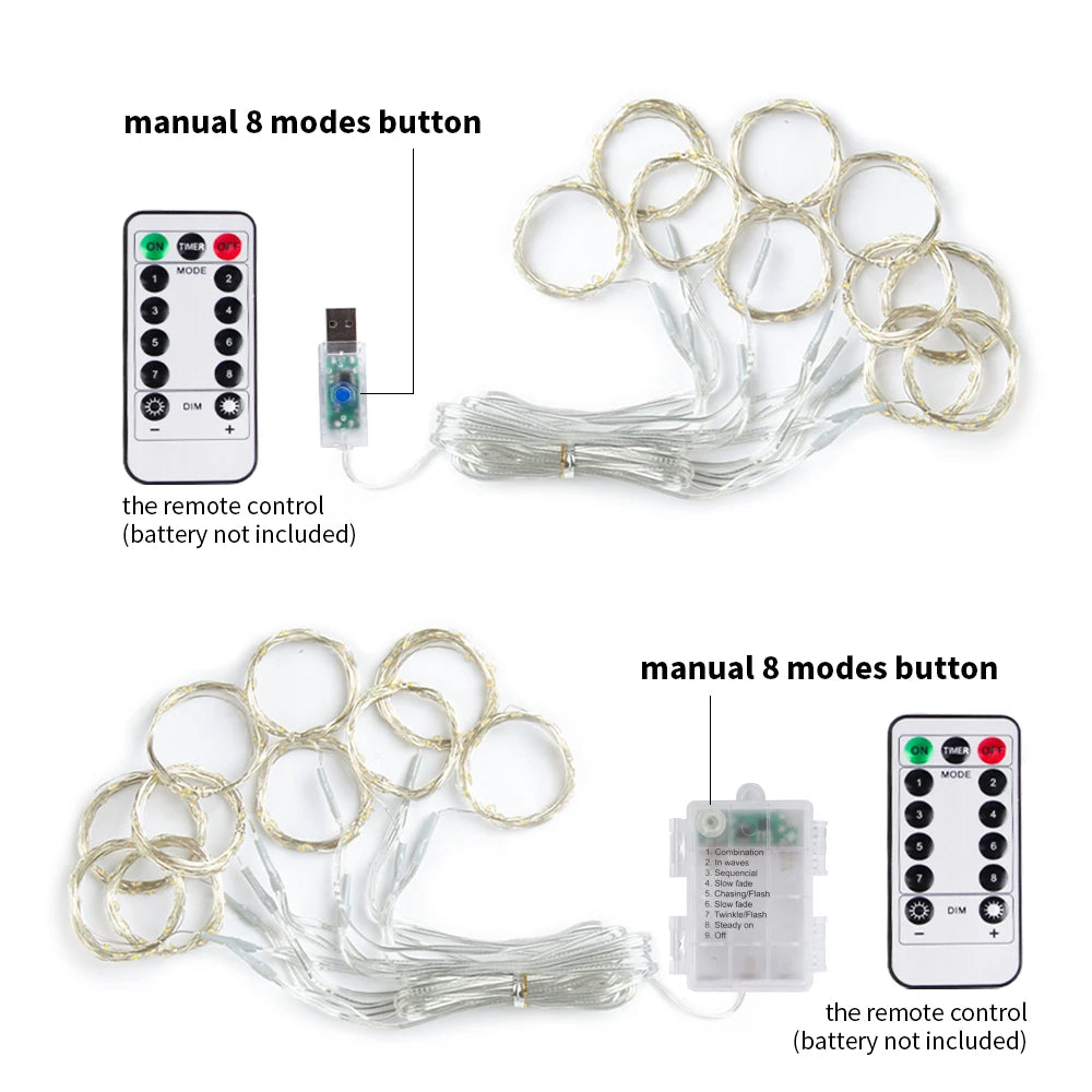 LED curtain fairy lights with 8 modes button and remote control shown with tangled wires