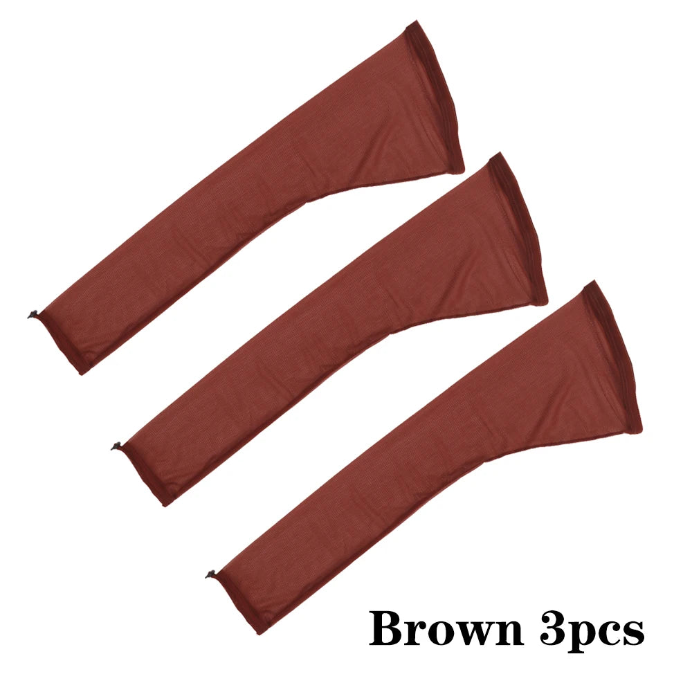 Three brown stretchy hair net caps with drawstring sleeves shown diagonally.
