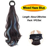 A long, dark blue hair extension ponytail with a mixed haze blue color is shown alongside a measurement guide.