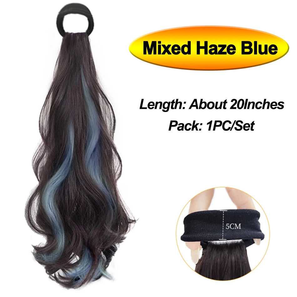 A long, dark blue hair extension ponytail with a mixed haze blue color is shown alongside a measurement guide.