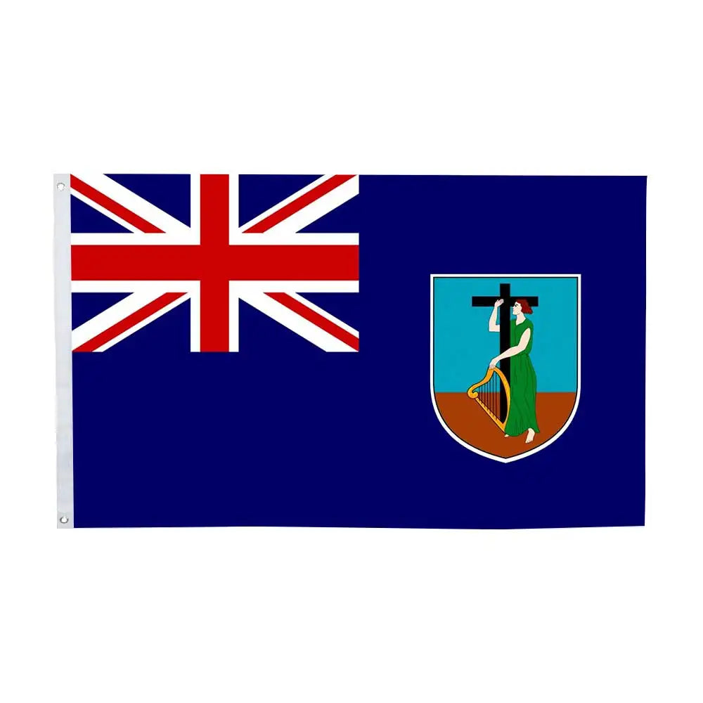 A dark blue flag featuring the Union Jack in the canton and a shield with a figure playing a harp.