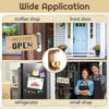 A magnetic wooden wind chime doorbell is shown in various applications including a coffee shop, front door, refrigerator, and