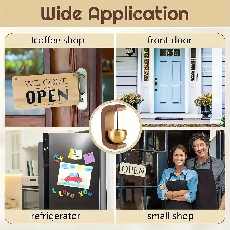 A magnetic wooden wind chime doorbell is shown in various applications including a coffee shop, front door, refrigerator, and