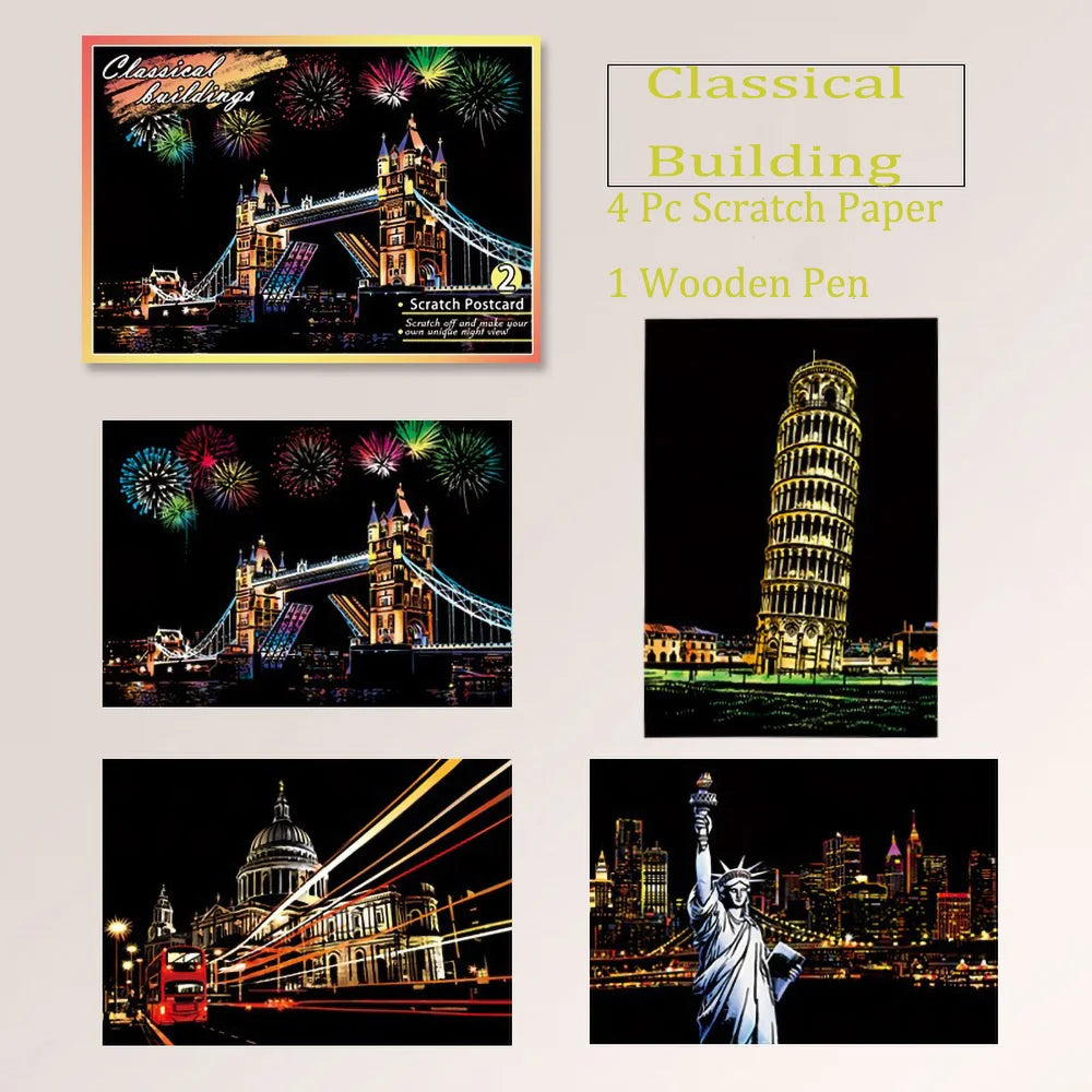 A set of classical building scratch paper, a wooden pen, and an image of the Elizabeth Tower.