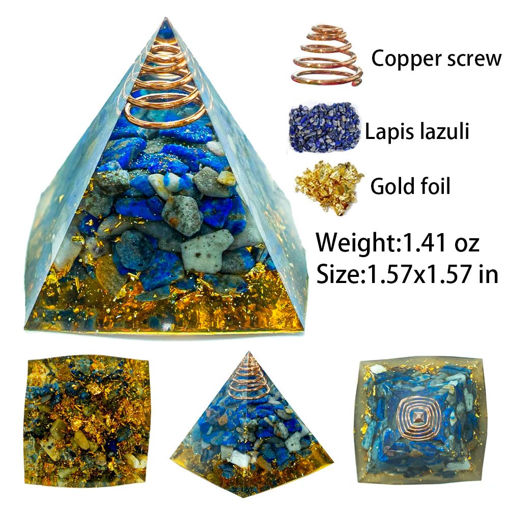 A pyramid-shaped crystal display featuring copper wire, lapis lazuli stones, and gold foil.