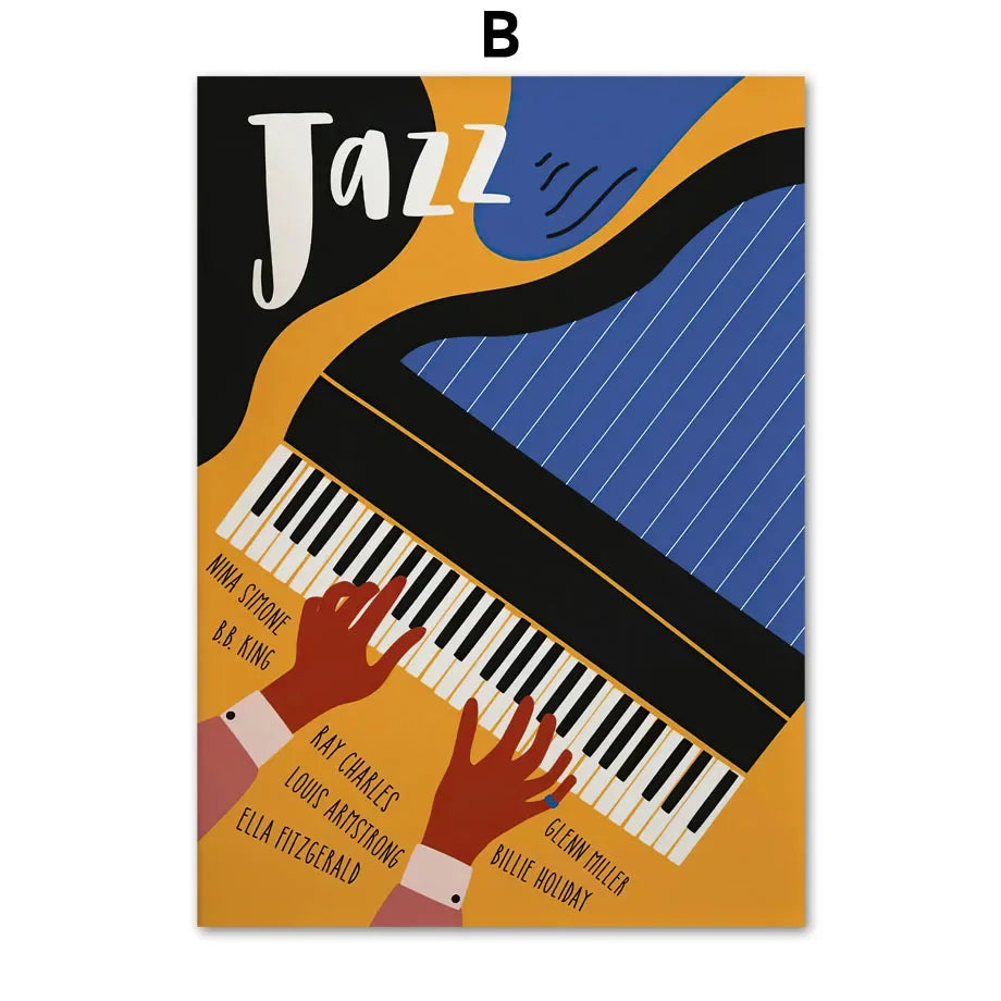 Abstract music canvas wall art featuring silhouettes of musicians playing instruments on a vibrant background.