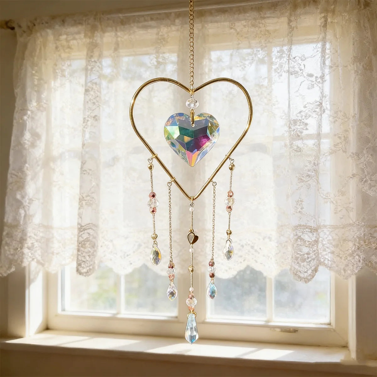 A gold heart-shaped pendant with hanging crystal charms is displayed against a sheer white curtain in a window.