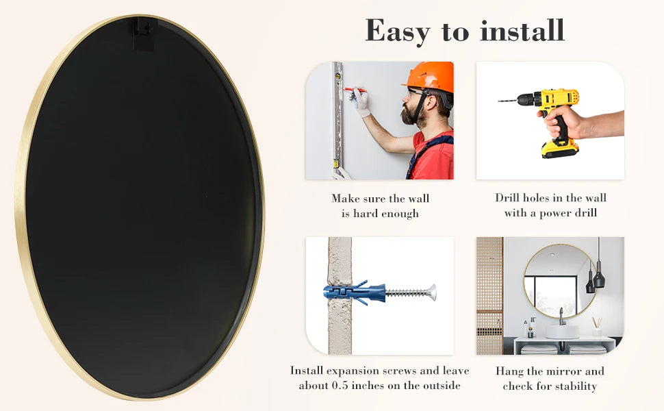 Instructions show how to easily install a large round vanity mirror with a matte metal frame.