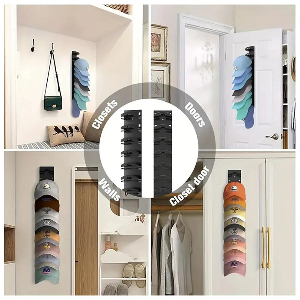 Wall mounted hat organiser rack showing various colored hats displayed on a white wall and in a closet door.