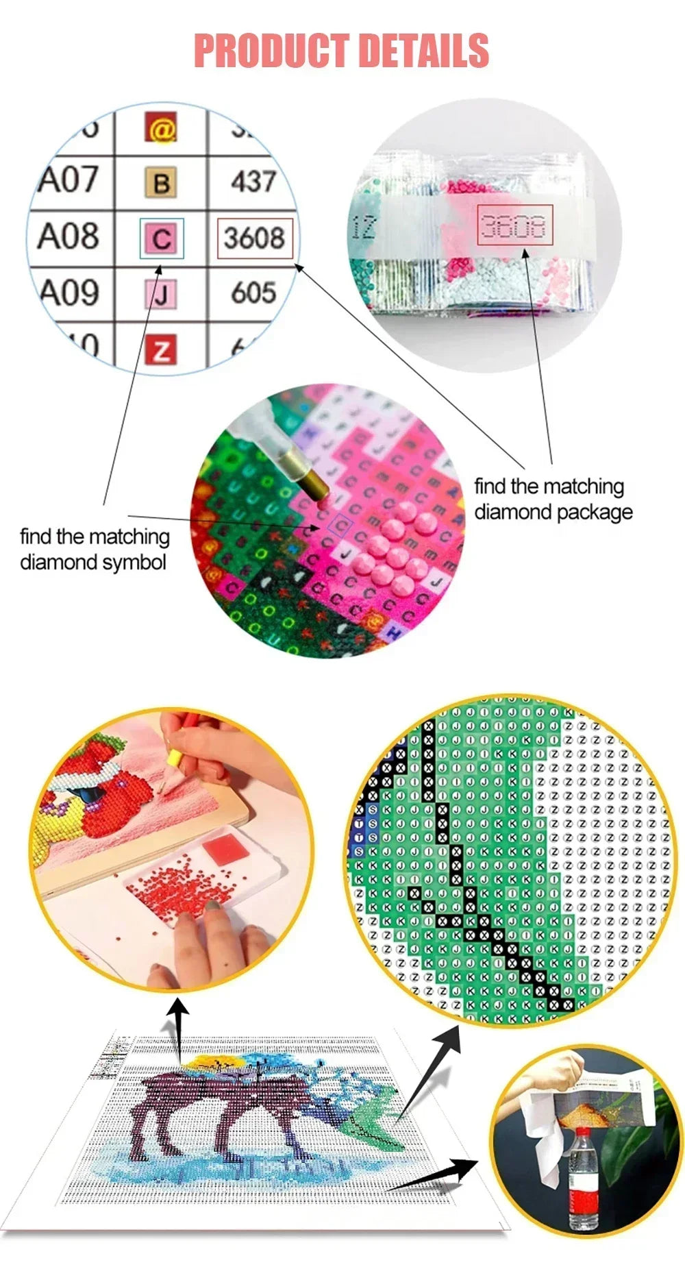 Diamond painting kit showing various symbols and a finished piece of art.