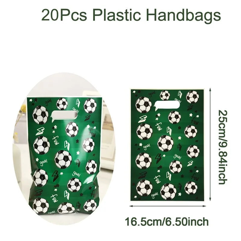 A set of 20 plastic handbags in green with soccer themes, including a banner and gift bags.