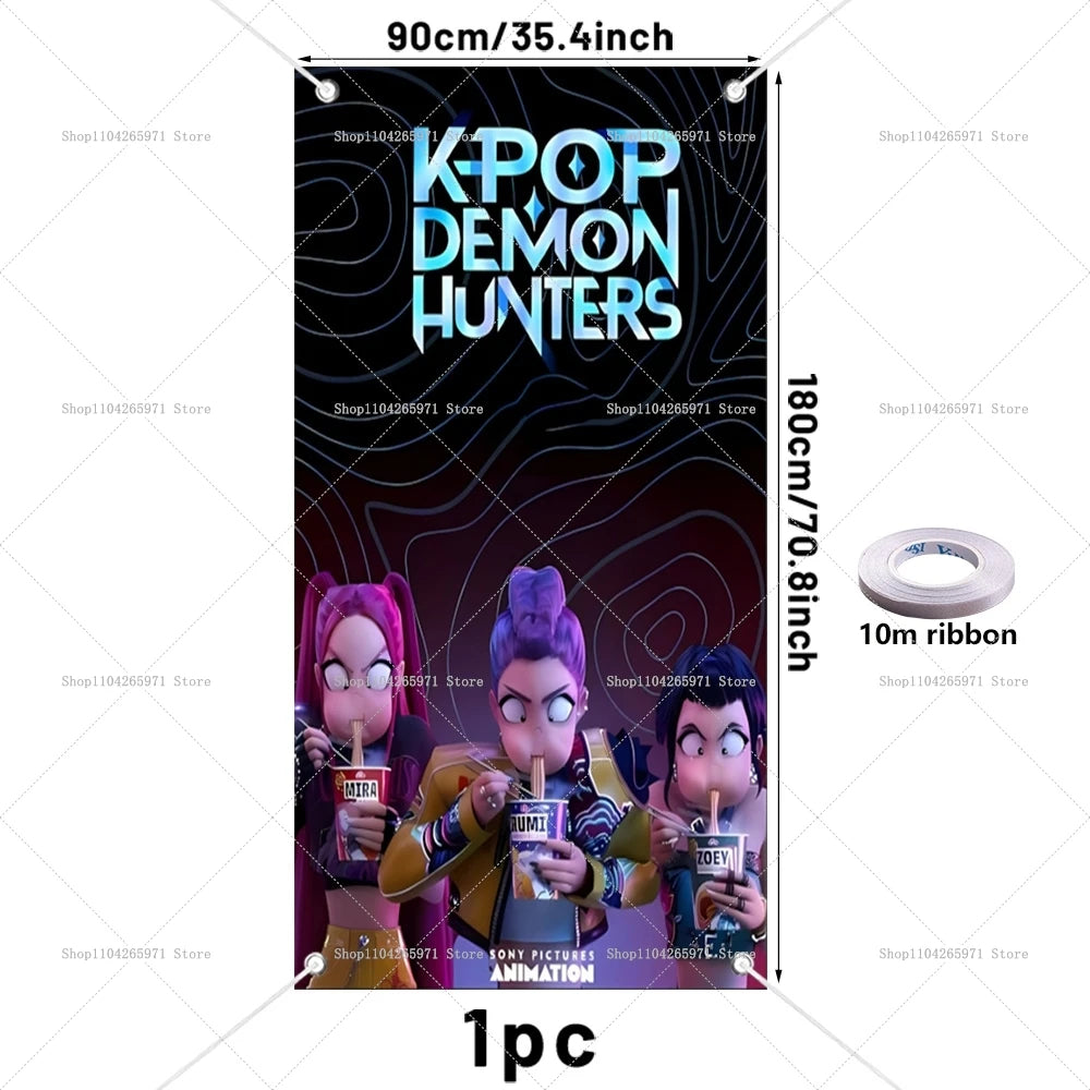 A vertical banner featuring the K-Pop Demon Hunters title and three anime characters in a dark, stylized background.