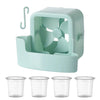 A light mint green portable ice-cooling floor fan with a handle and four blades, shown next to four clear plastic cups.